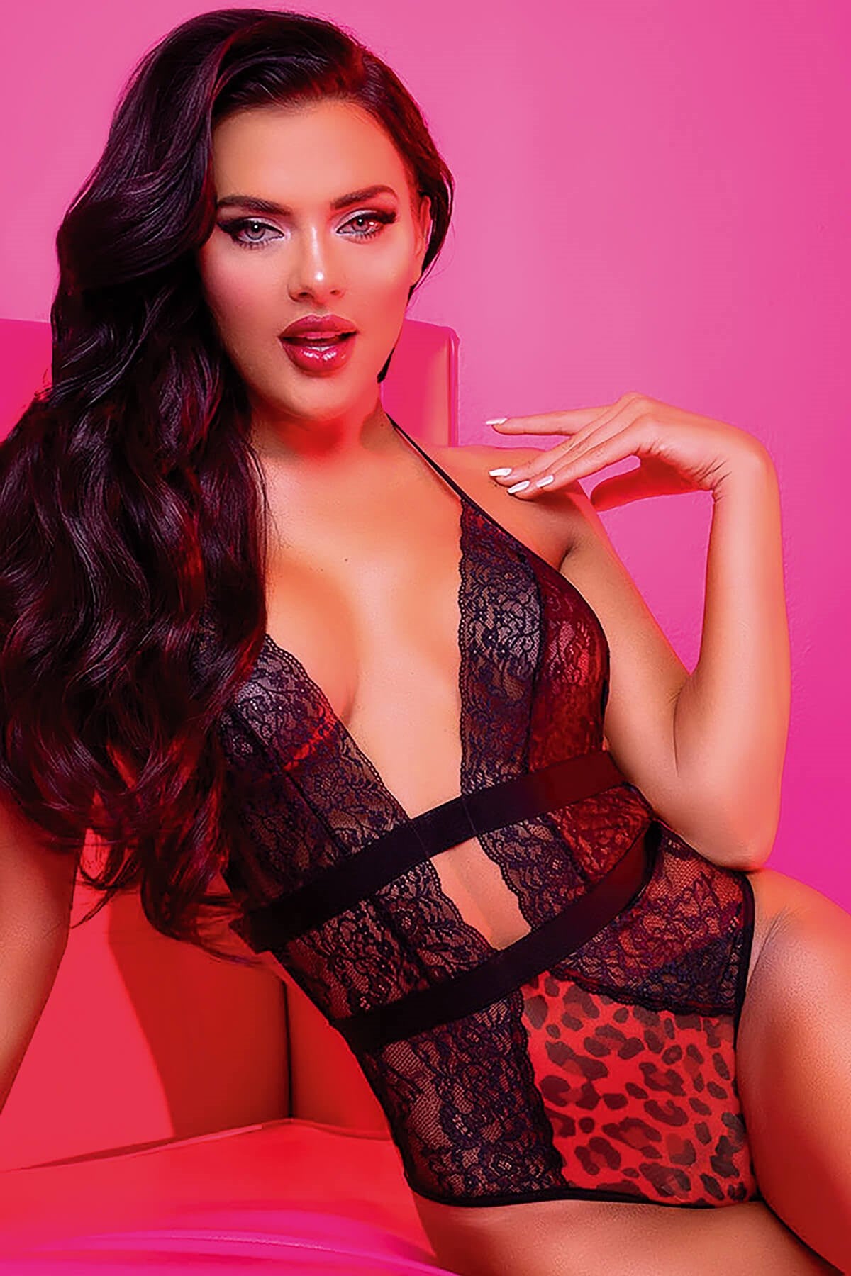 Kırmızı Leopar Dantelli Bodysuit