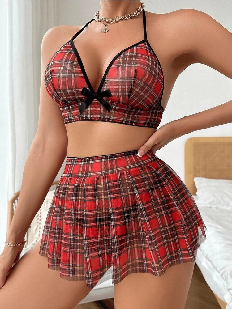 Ekose Seksi Fantazi Kadın Kostümü