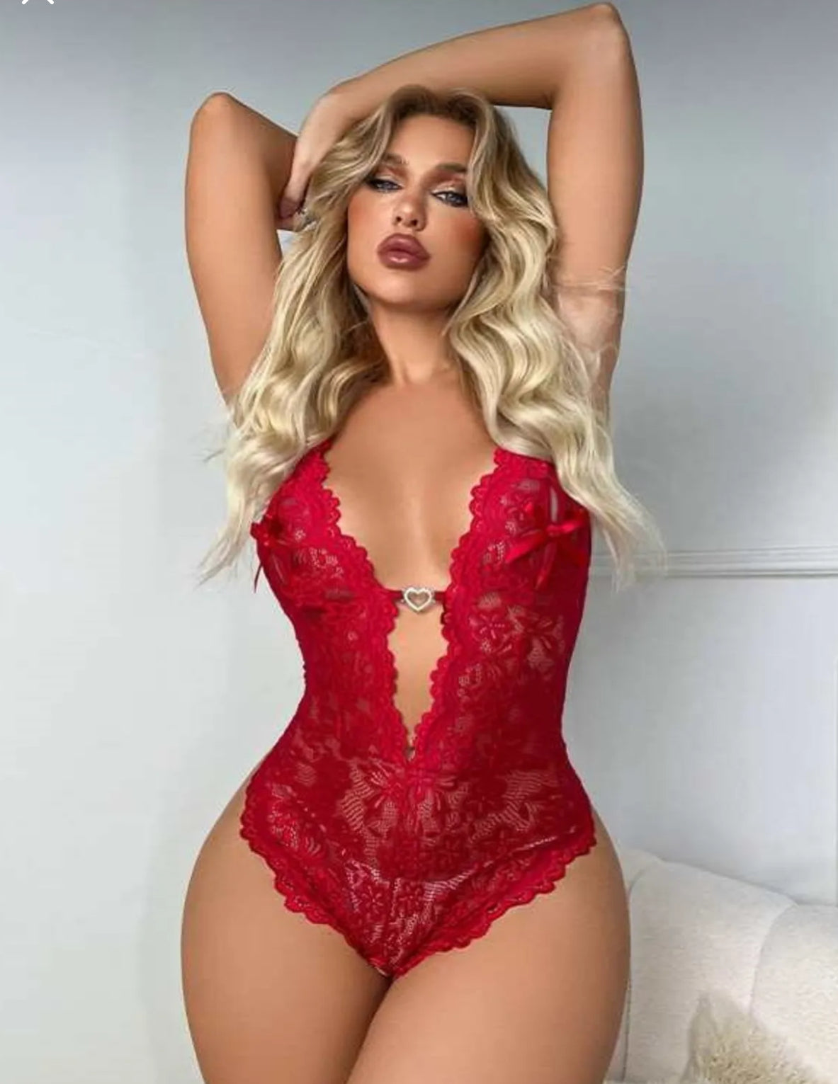 Ağı Açık Kırmızı Dantel Bodysuit