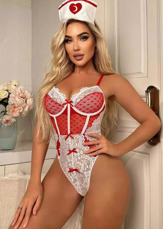 Dantel Hemşire Kostüm Bodysuit