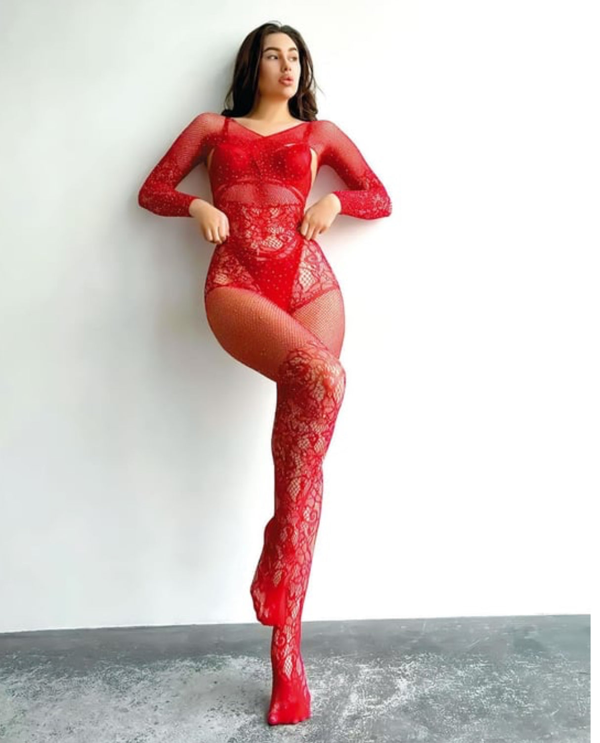 Fantezi taşlı kırmızı vücut çorabı