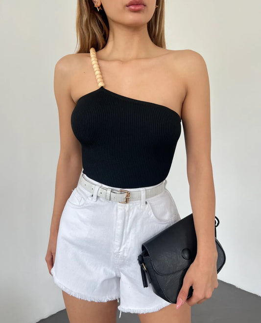 Boncuk Askılı Siyah Triko Crop