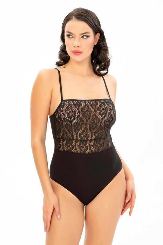 Kadın Fantezi Body Göğüsü Tül Detaylı Siyah