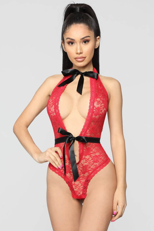 Dantel Kırmızı Fantezi Bodysuit